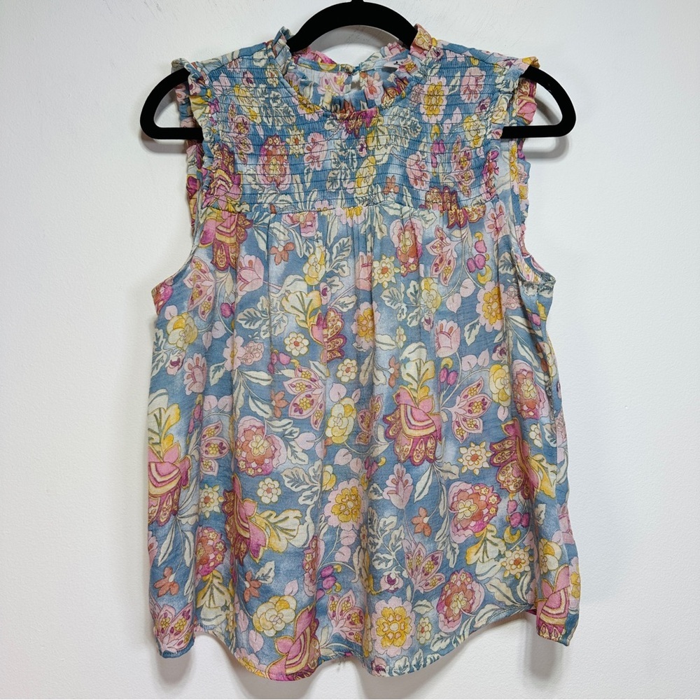 Nanette Lepore Floral Blouse Blue Pink Lightweight Smocked Neck Sleeveless M